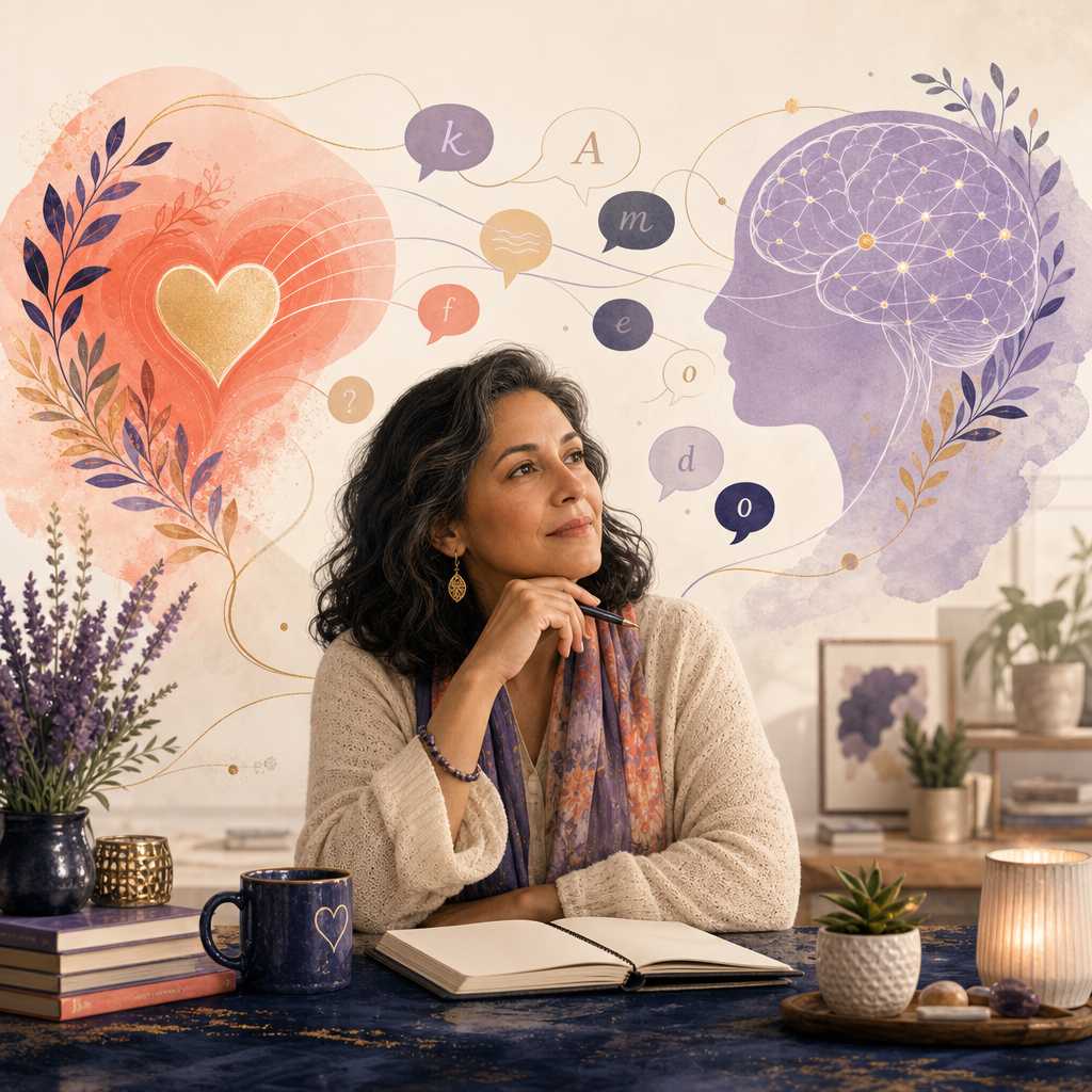 Hopeful editorial illustration of a woman communicating with speech bubbles, a notebook and gentle brain pathways after stroke