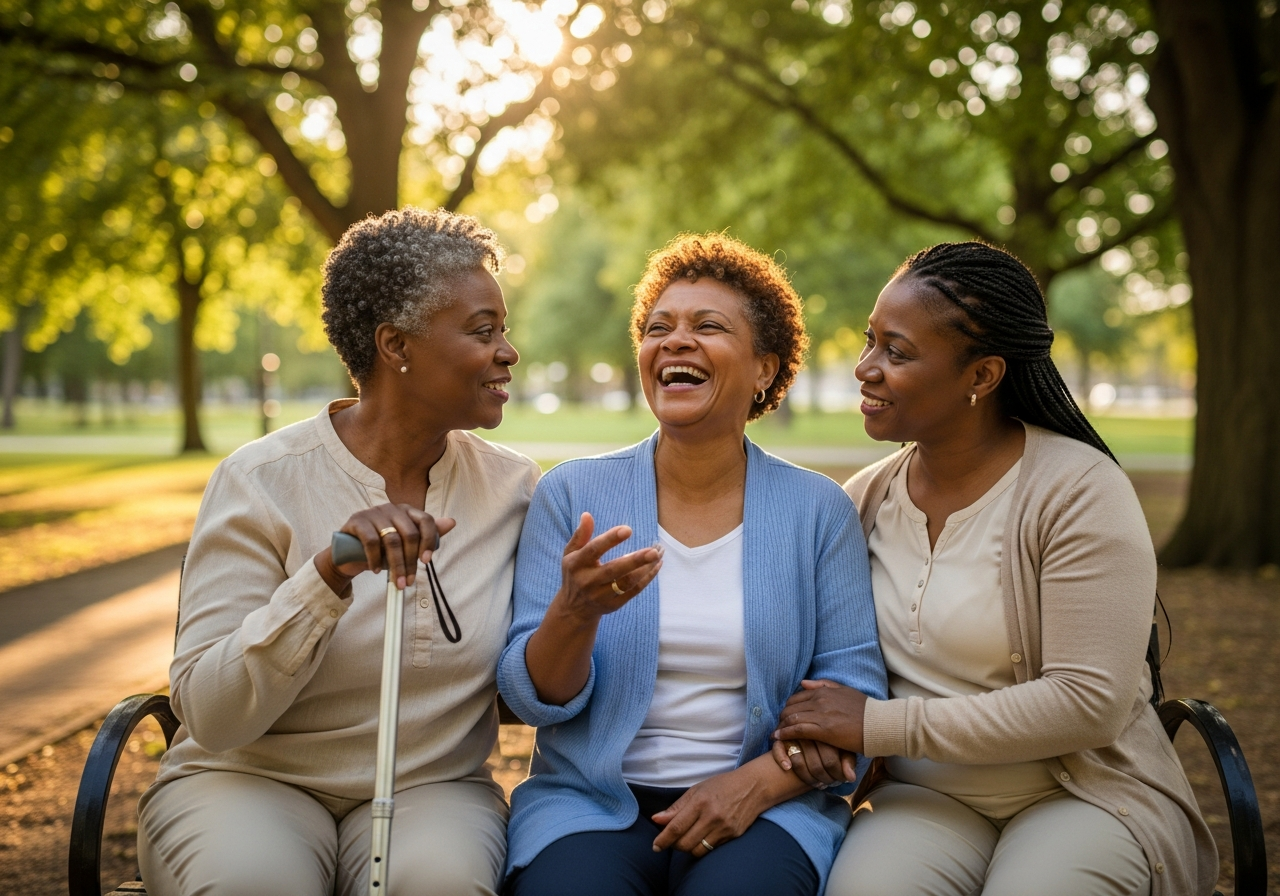 Diverse women stroke survivors supporting each other on a park bench