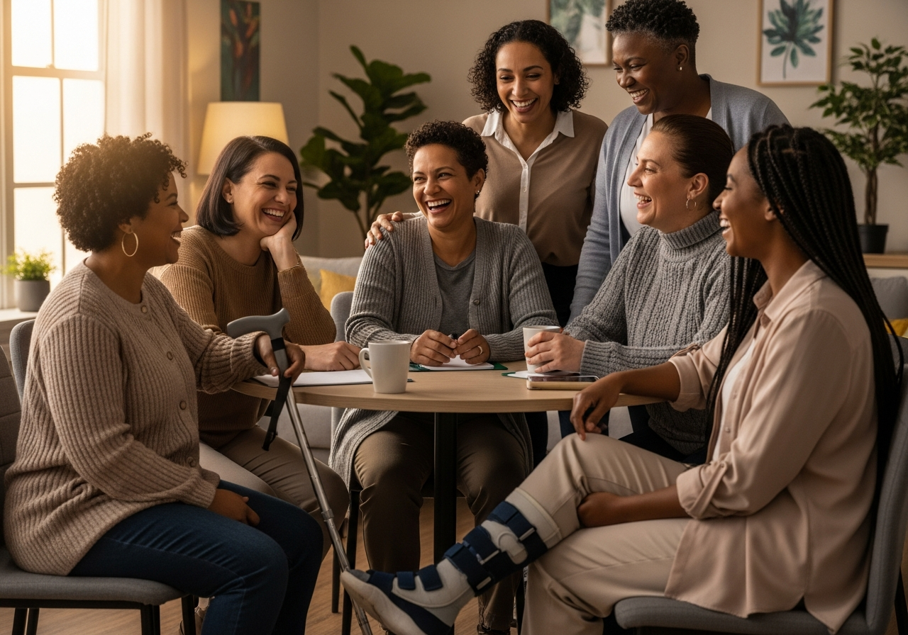 Diverse group of women stroke survivors supporting each other, including a woman with a cane and AFO brace