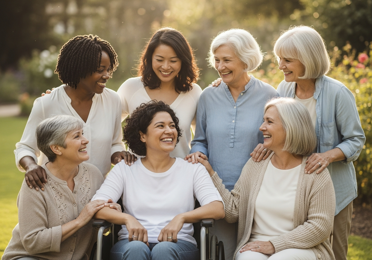 Women supporting one another outdoors during stroke recovery