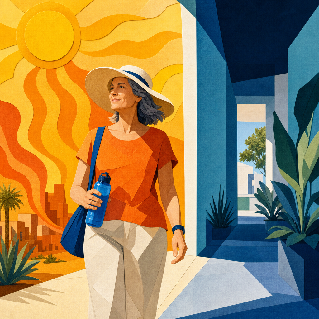 Cut-paper illustration of a woman moving from summer heat into cool shade