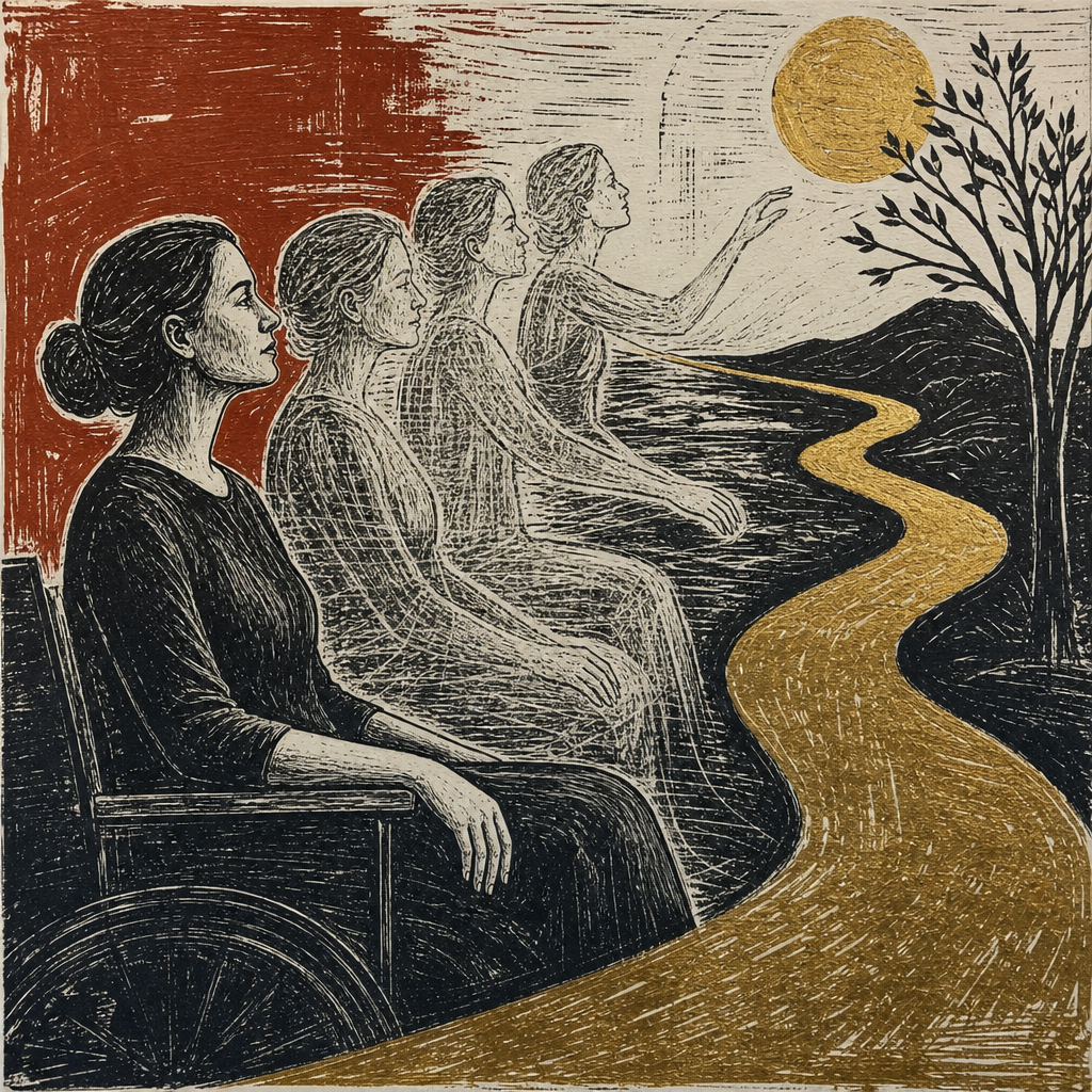 Linocut-style illustration of a woman facing uncertainty and working toward movement after stroke