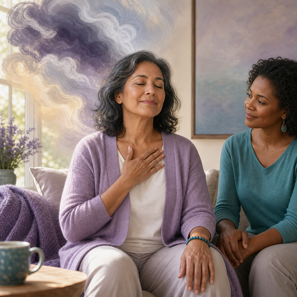 A woman stroke survivor grounding herself during an anxious moment with a supportive friend nearby