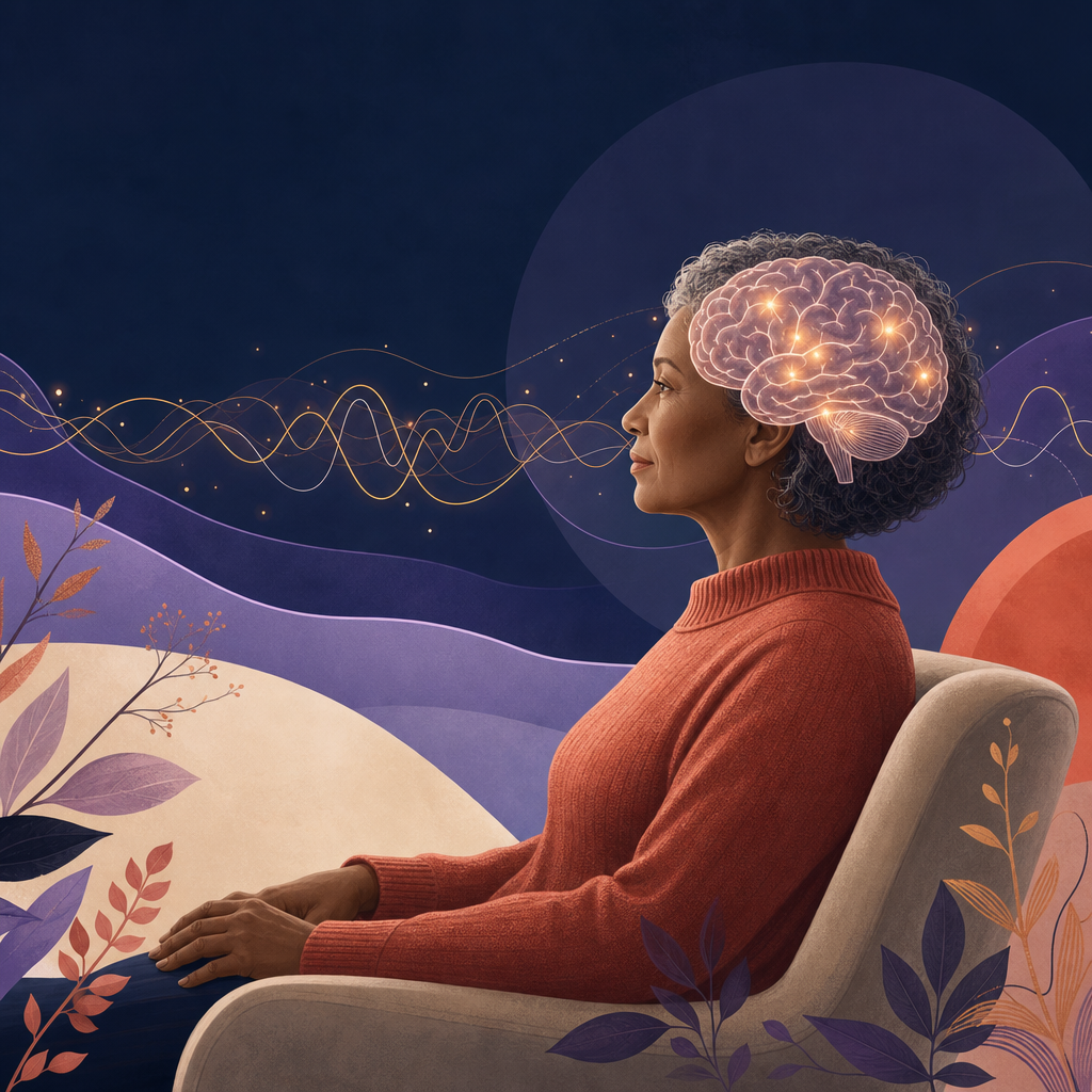 Editorial illustration of a calm seated person with a glowing brain and gentle electrical wave patterns representing post-stroke seizures