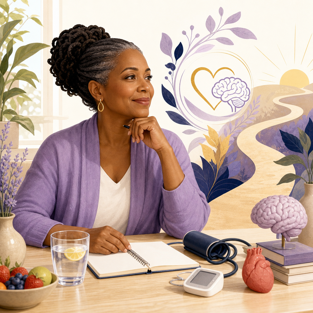 Hopeful editorial illustration of a woman reviewing a stroke prevention plan with health and heart symbols