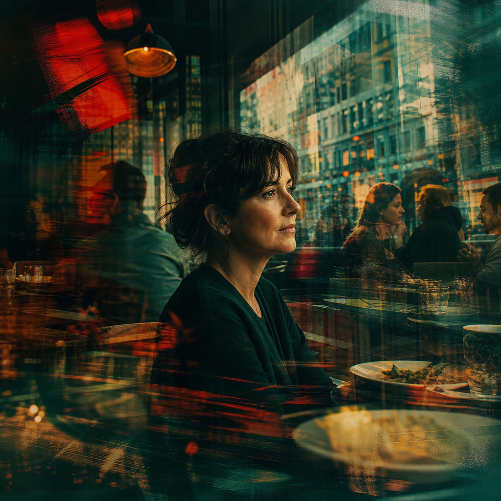 Cinematic mixed-media scene showing the intensity of sound and light in a busy cafe after stroke