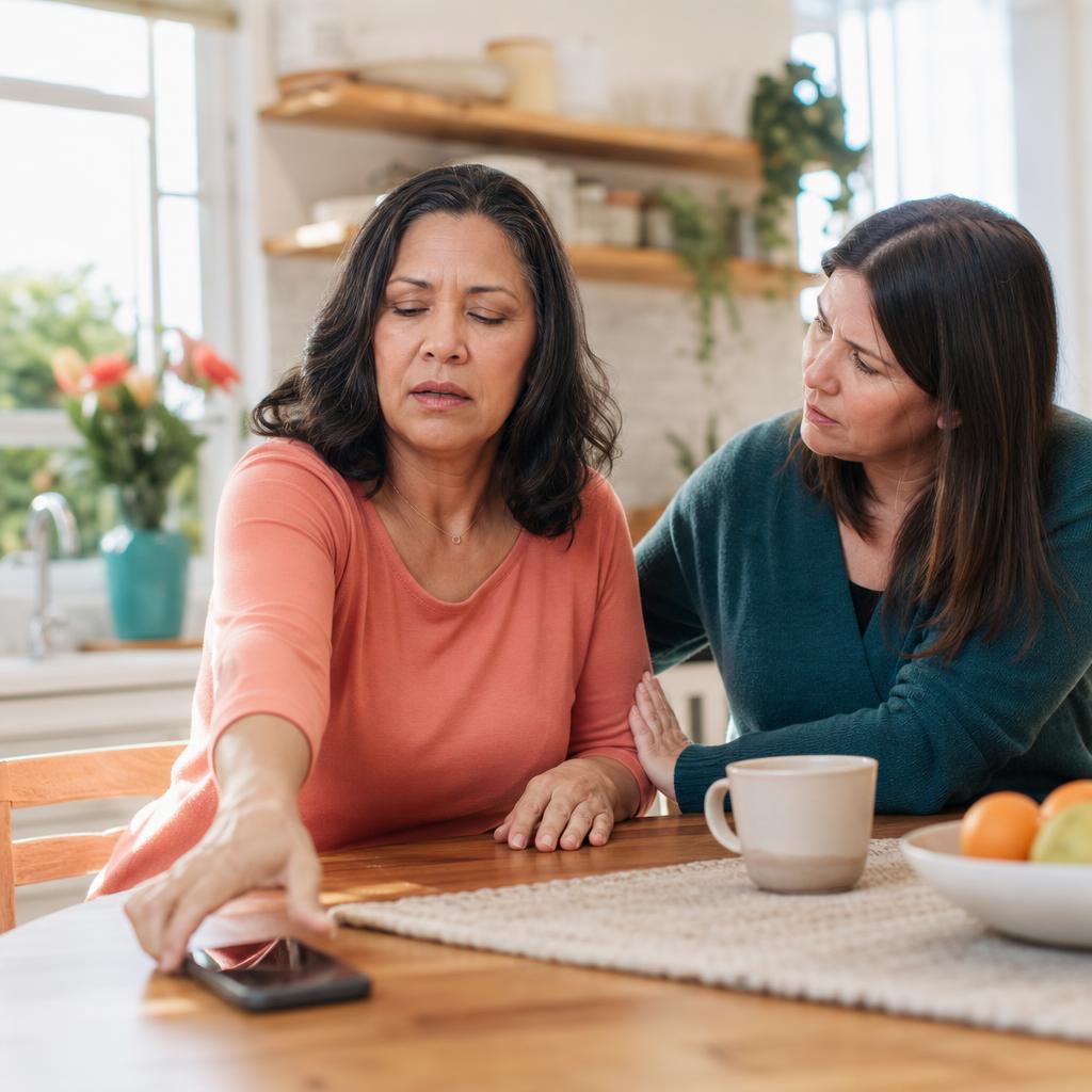 A woman noticing sudden stroke warning signs while a loved one supports her