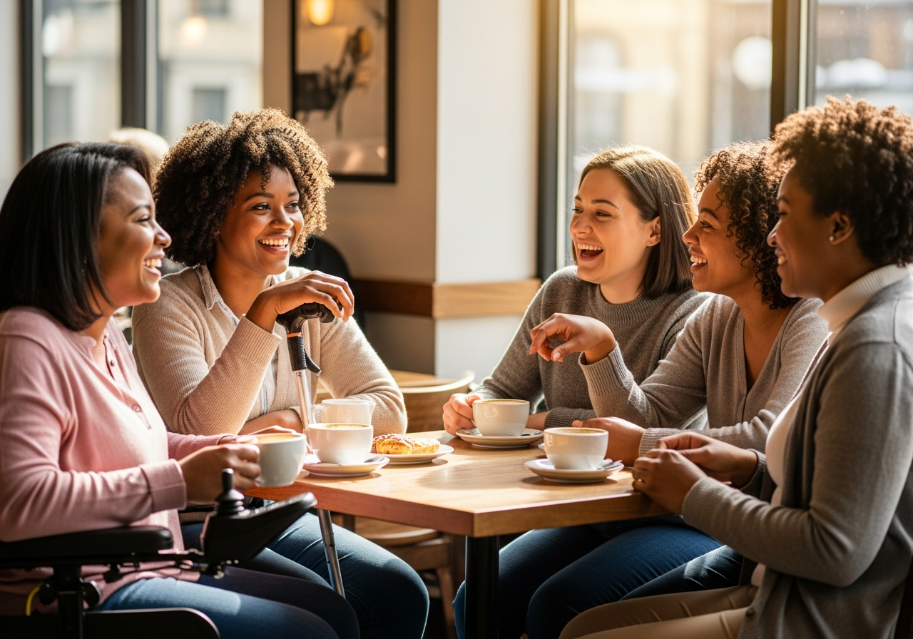 Diverse group of women survivors enjoying coffee together