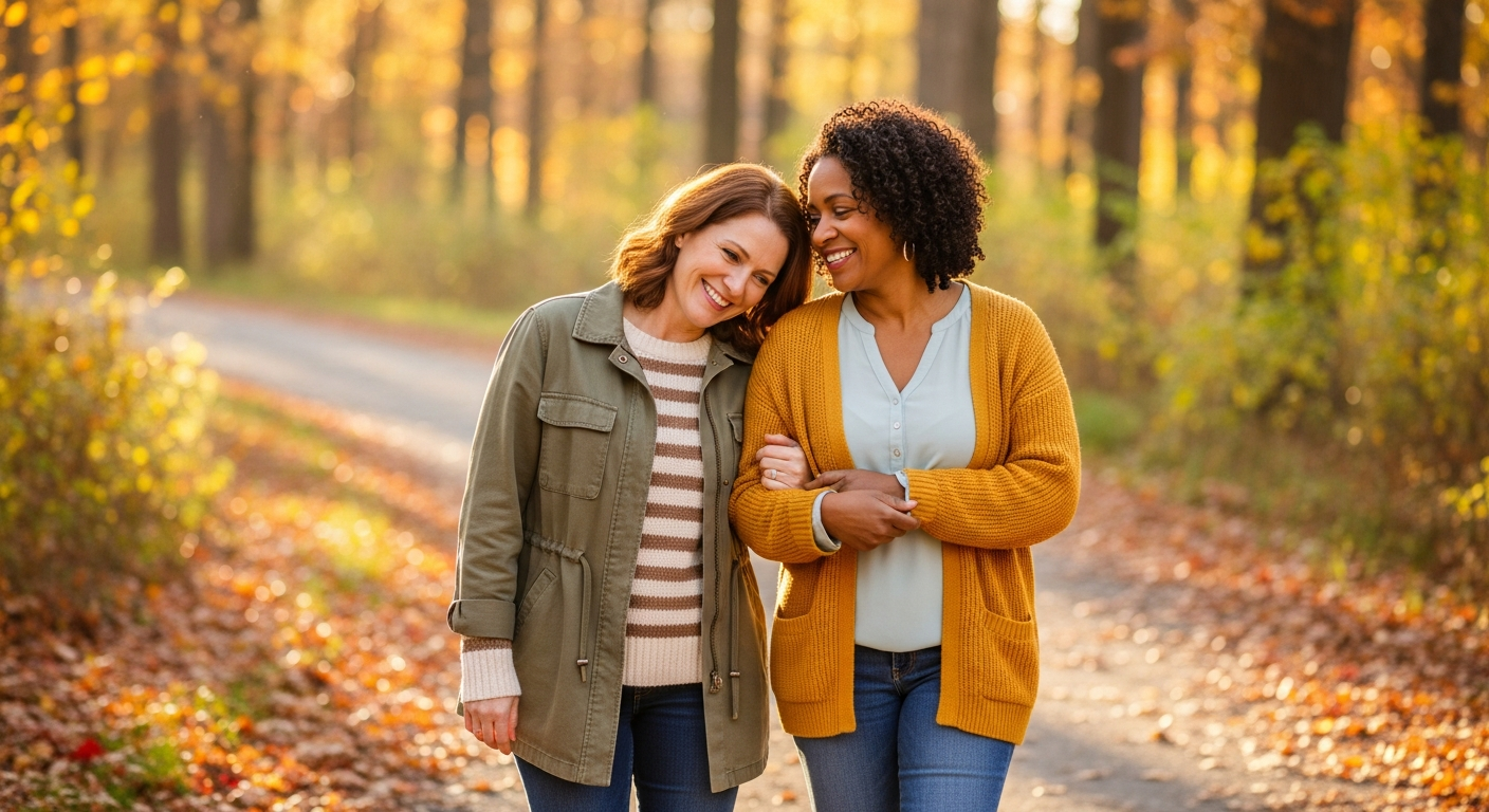 Two women walking together outdoors, representing the journey of stroke recovery
