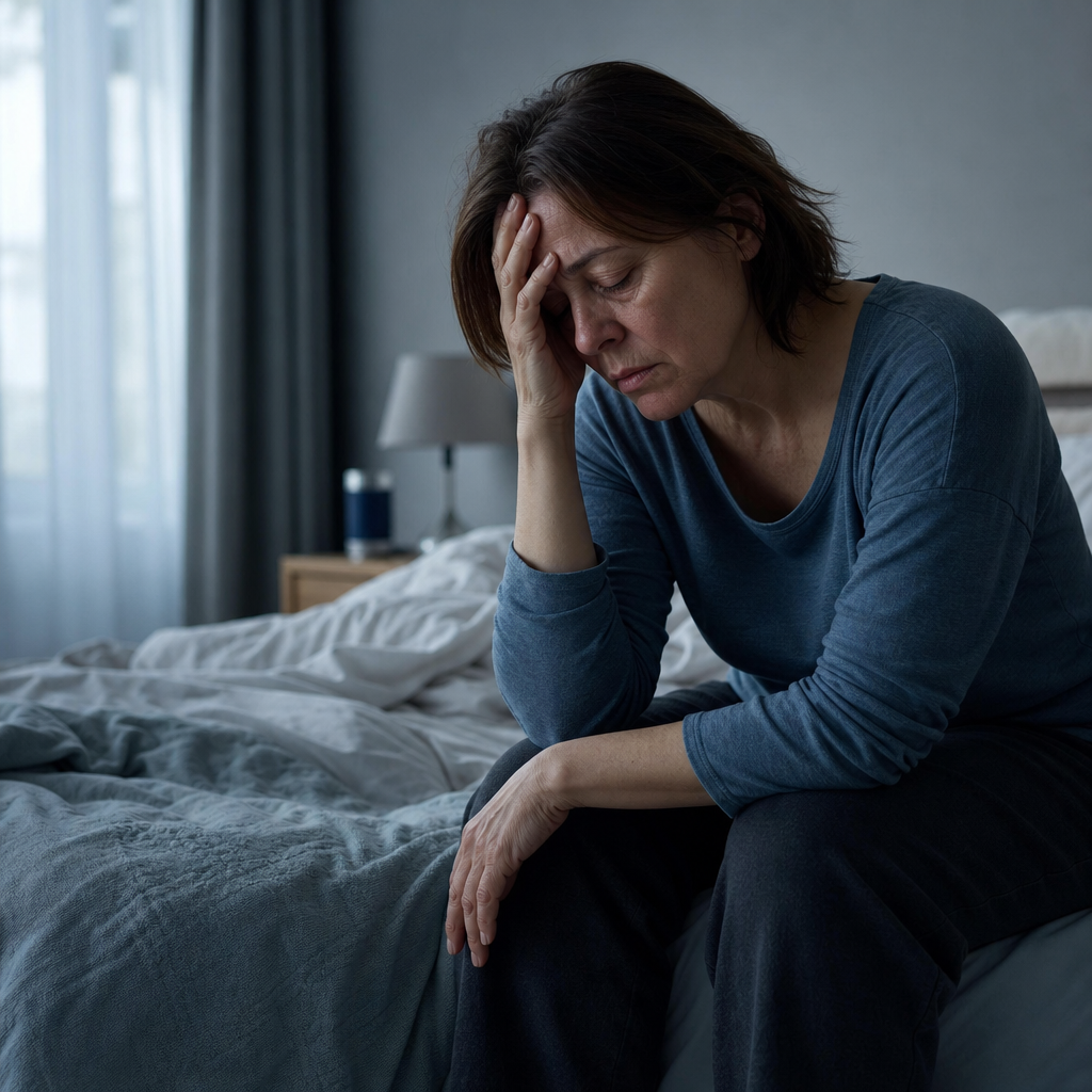 Exhausted stroke survivor sitting on the edge of a bed with her head in her hand