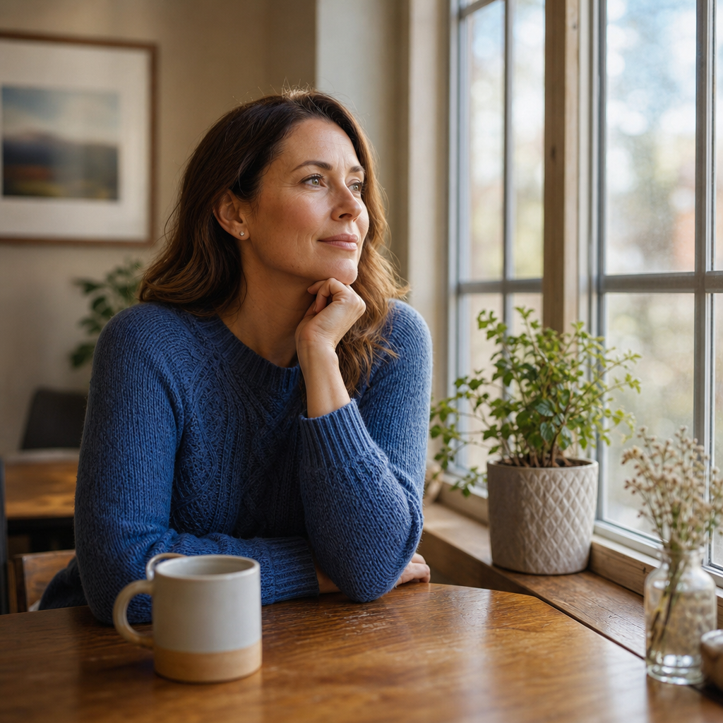 Woman reflecting quietly at home after stroke recovery